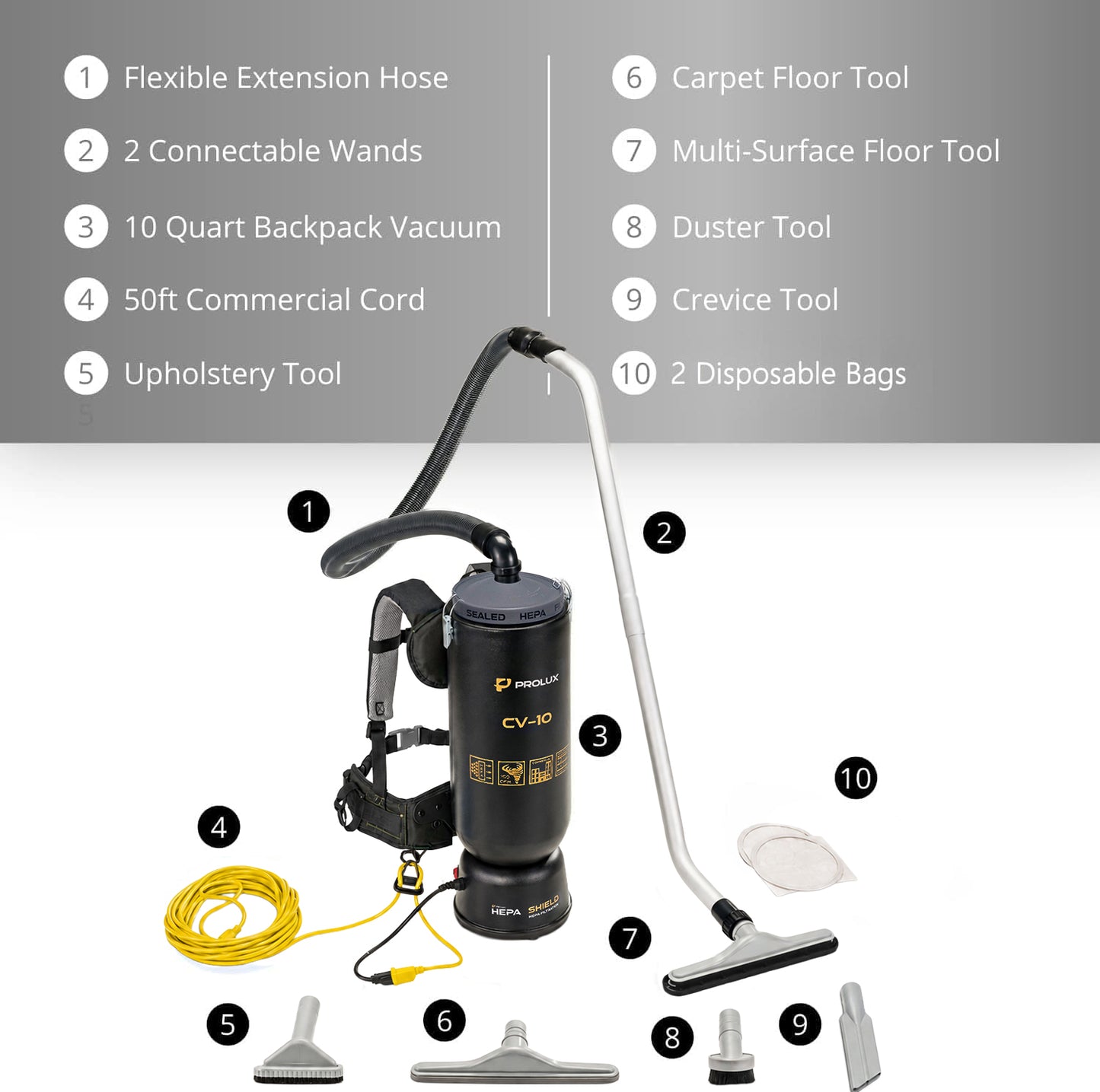 Powerful Lightweight Prolux PLC10 10qt Backpack Vacuum w/ 1 1/2" Tool Kit and 5 YR Warranty