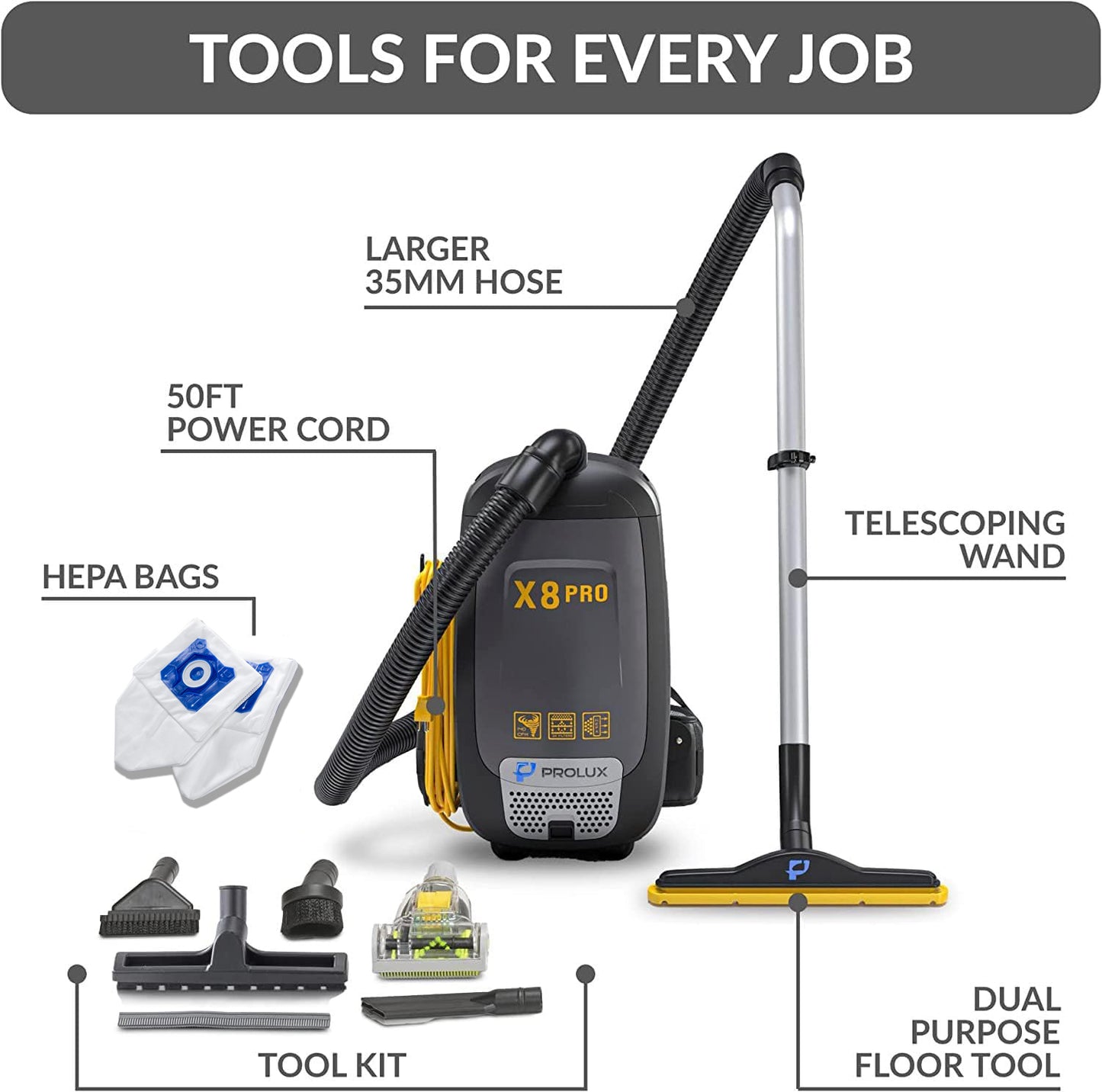 Prolux PLCX8P Pro Commercial Backpack Vacuum w/ Deluxe 1 1/2" Tool Kit