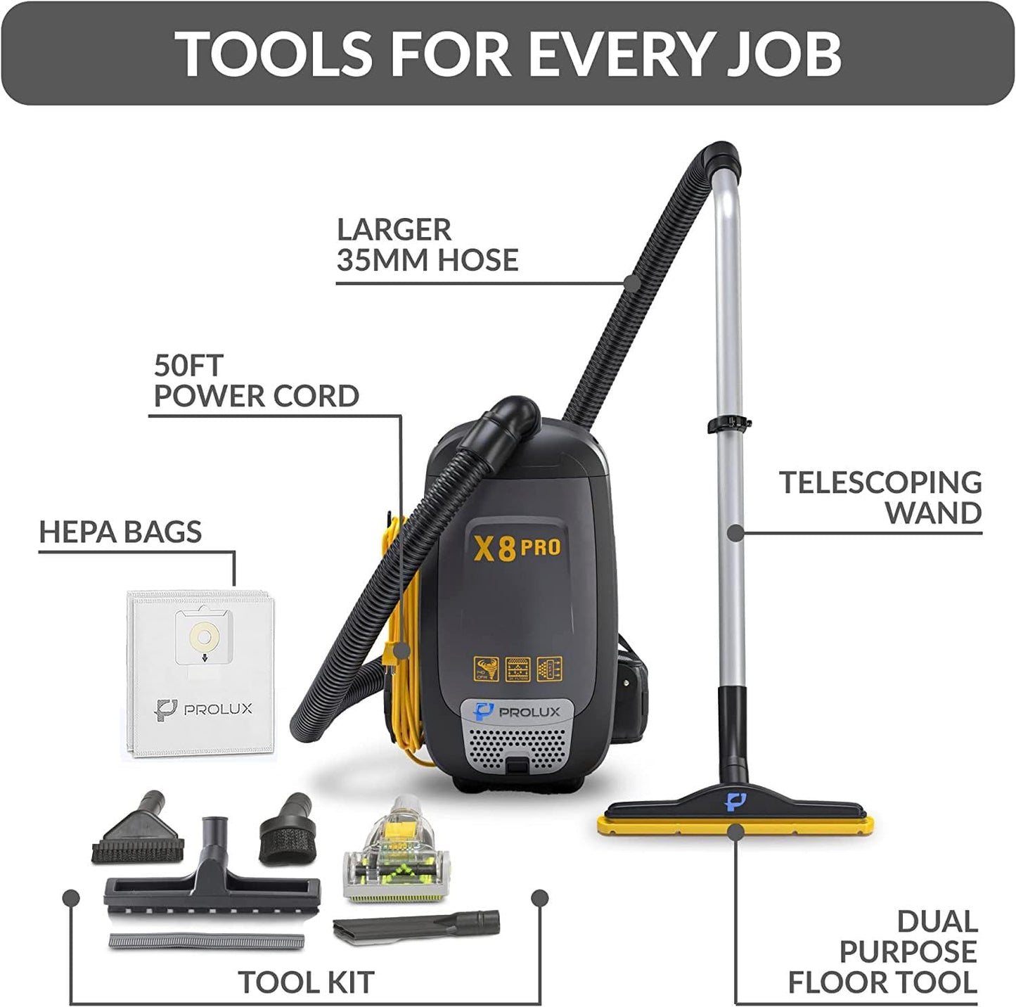 Prolux PLCX8P Pro Commercial Backpack Vacuum w/ Deluxe 1 1/2" Tool Kit